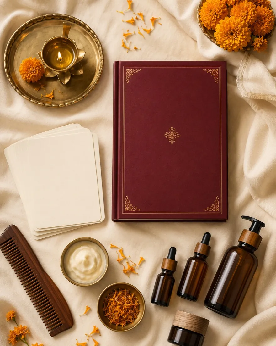 The Shubh Kit contents — guidebook, ritual cards, brass diya, wellness products and marigolds